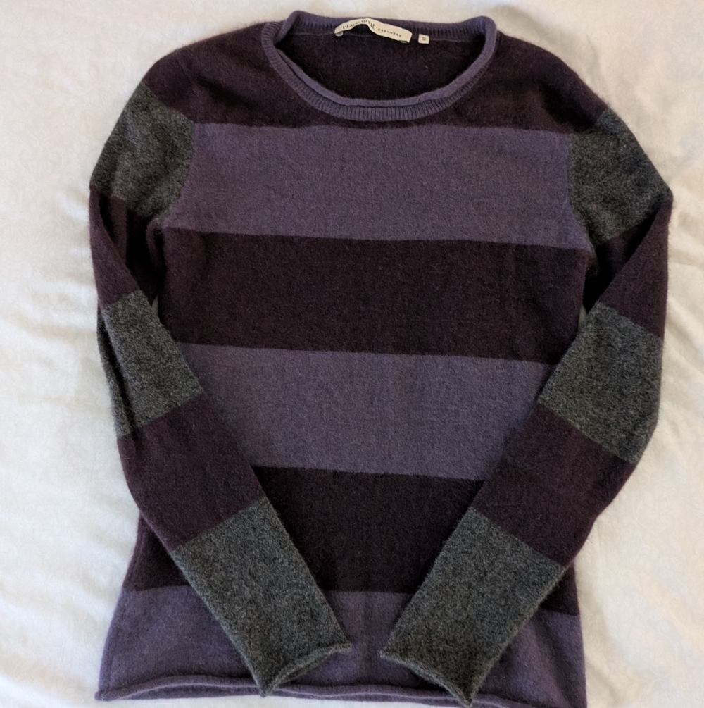 Black Goat Cashmere 100% Cashmere Striped Purple and Gray Sweater
